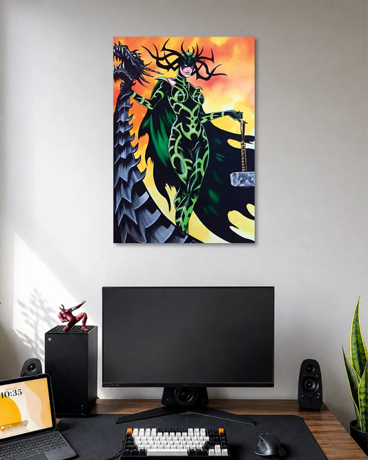Illustrated Hela in black-and-green armor with a branching antler-like crown, holding a sword against orange skies.