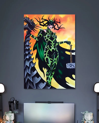 Illustrated Hela in black-and-green armor with a branching antler-like crown, holding a sword against orange skies.