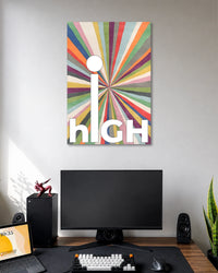 High Multicoloured Typography Poster poster design: Oversized white “high” lettering stands out against vibrant multicoloured stripes radiating from the centre. The playful retro inspired design creates a bold visual statement for bedrooms, workspaces and creative corners.