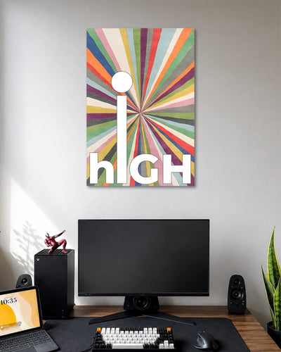 High Multicoloured Typography Poster poster design: Oversized white “high” lettering stands out against vibrant multicoloured stripes radiating from the centre. The playful retro inspired design creates a bold visual statement for bedrooms, workspaces and creative corners.