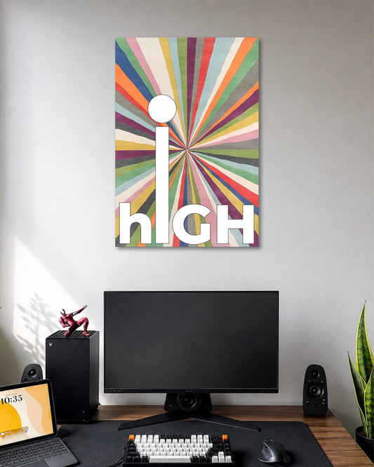 High Multicoloured Typography Poster poster design: Oversized white “high” lettering stands out against vibrant multicoloured stripes radiating from the centre. The playful retro inspired design creates a bold visual statement for bedrooms, workspaces and creative corners.