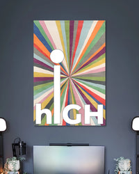 High Multicoloured Typography Poster poster design: Oversized white “high” lettering stands out against vibrant multicoloured stripes radiating from the centre. The playful retro inspired design creates a bold visual statement for bedrooms, workspaces and creative corners.