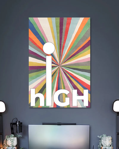 High Multicoloured Typography Poster poster design: Oversized white “high” lettering stands out against vibrant multicoloured stripes radiating from the centre. The playful retro inspired design creates a bold visual statement for bedrooms, workspaces and creative corners.