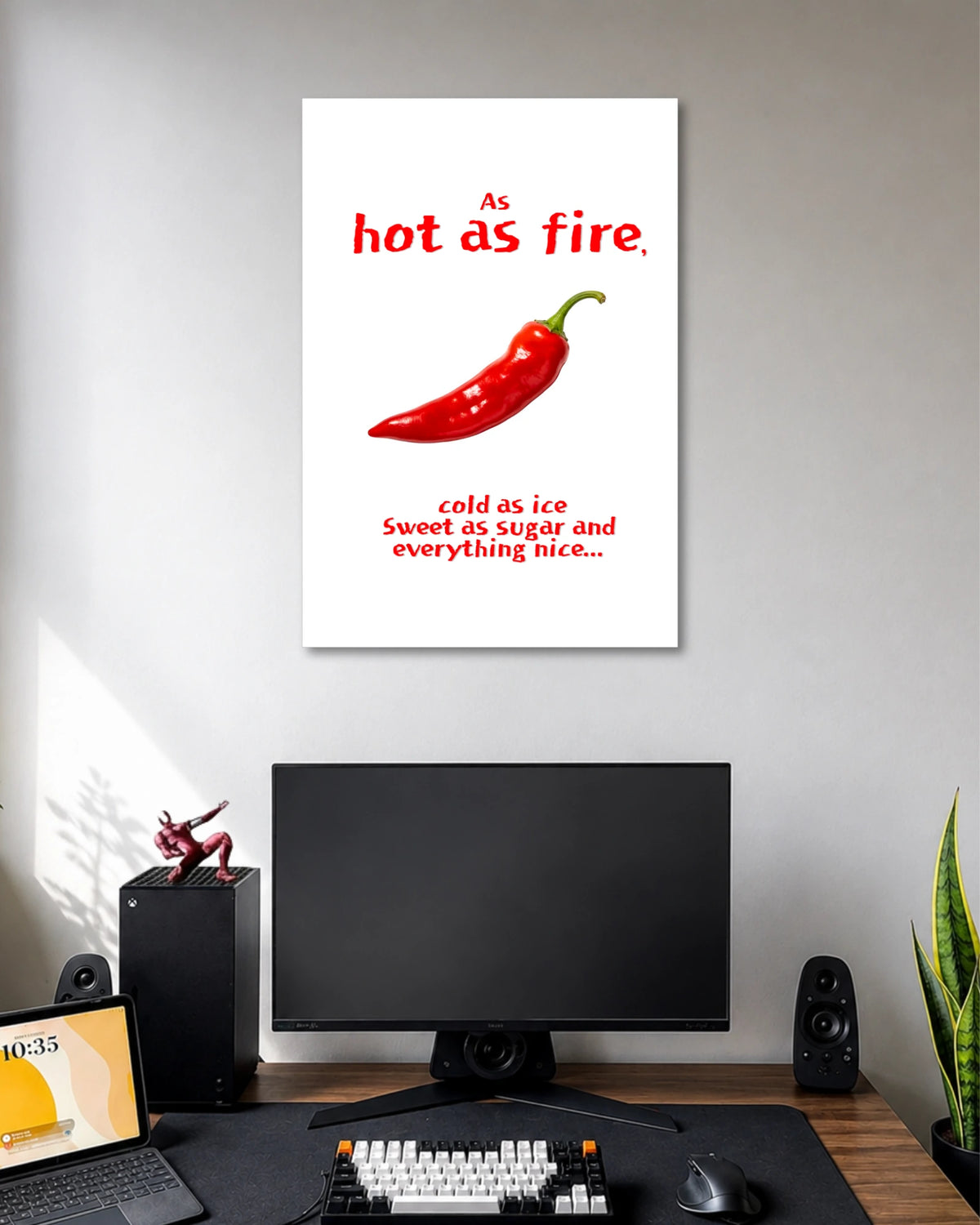 Hot as Fire Chili Pepper Typography Poster poster design: A playful typography poster featuring a bright red chili pepper with the phrase “As hot as fire, cold as ice, sweet as sugar and everything nice.” Perfect for fans of quirky wall decor.