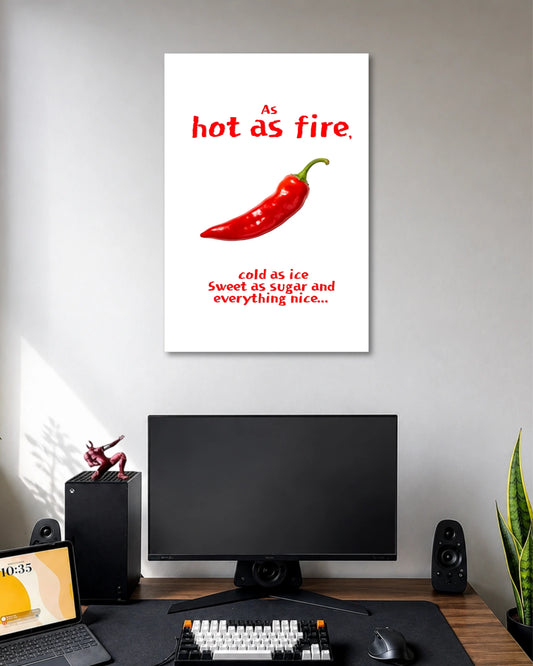 Hot as Fire Chili Pepper Typography Poster poster design: A playful typography poster featuring a bright red chili pepper with the phrase “As hot as fire, cold as ice, sweet as sugar and everything nice.” Perfect for fans of quirky wall decor.