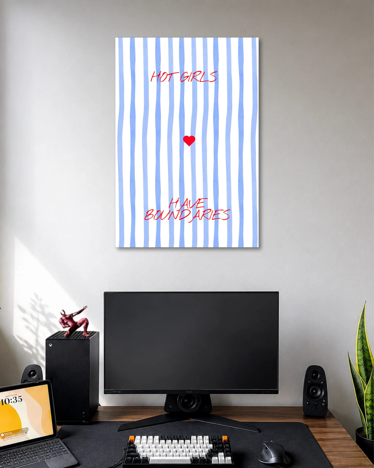 Hot Girls Have Boundaries Poster poster design: A minimalist statement poster featuring “Hot Girls Have Boundaries” in red handwritten typography, set against blue and white stripes with a small red heart.