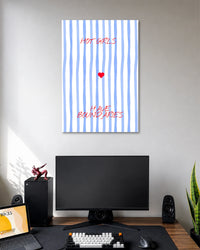 Hot Girls Have Boundaries Poster poster design: A minimalist statement poster featuring “Hot Girls Have Boundaries” in red handwritten typography, set against blue and white stripes with a small red heart.