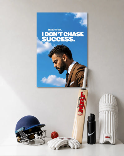 I Don't Chase Success Virat Motivational Poster poster design: Virat Kohli in a brown suit looks down beneath the words “I Know I'll Win, I Don't Chase Success.” The vivid blue sky and confident message create a motivational design for bedrooms, offices, and personal spaces.