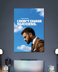 I Don't Chase Success Virat Motivational Poster poster design: Virat Kohli in a brown suit looks down beneath the words “I Know I'll Win, I Don't Chase Success.” The vivid blue sky and confident message create a motivational design for bedrooms, offices, and personal spaces.