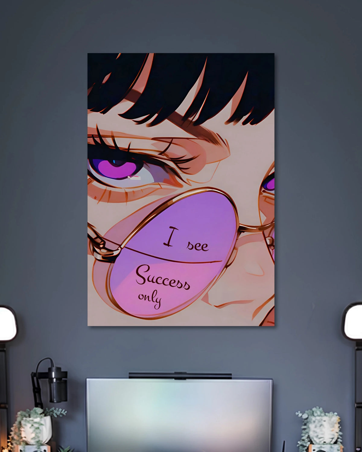 Close-up anime-style face with purple eyes and pink-purple sunglasses reading I See Success Only.