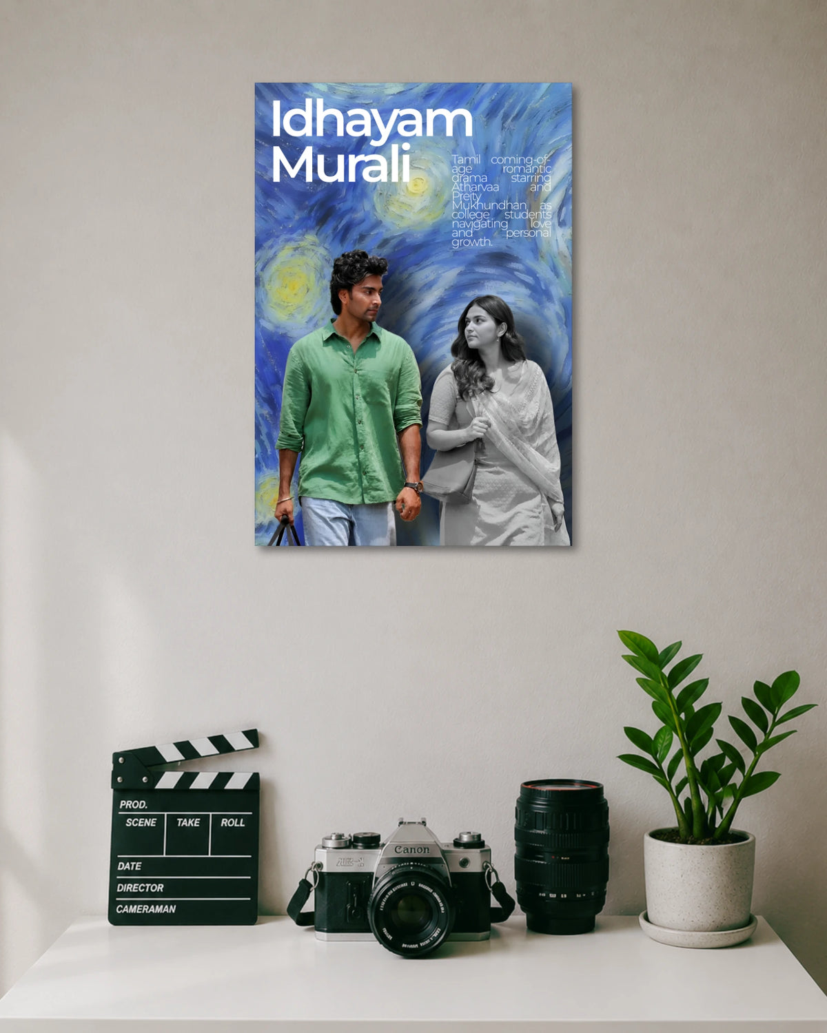 Idhayam Murali Couple Poster poster design: Bring a cinematic feel to your wall with this Idhayam Murali poster. The contrasting portraits of a young man in green and a woman in grayscale stand against a swirling blue backdrop inspired by expressive painted textures.