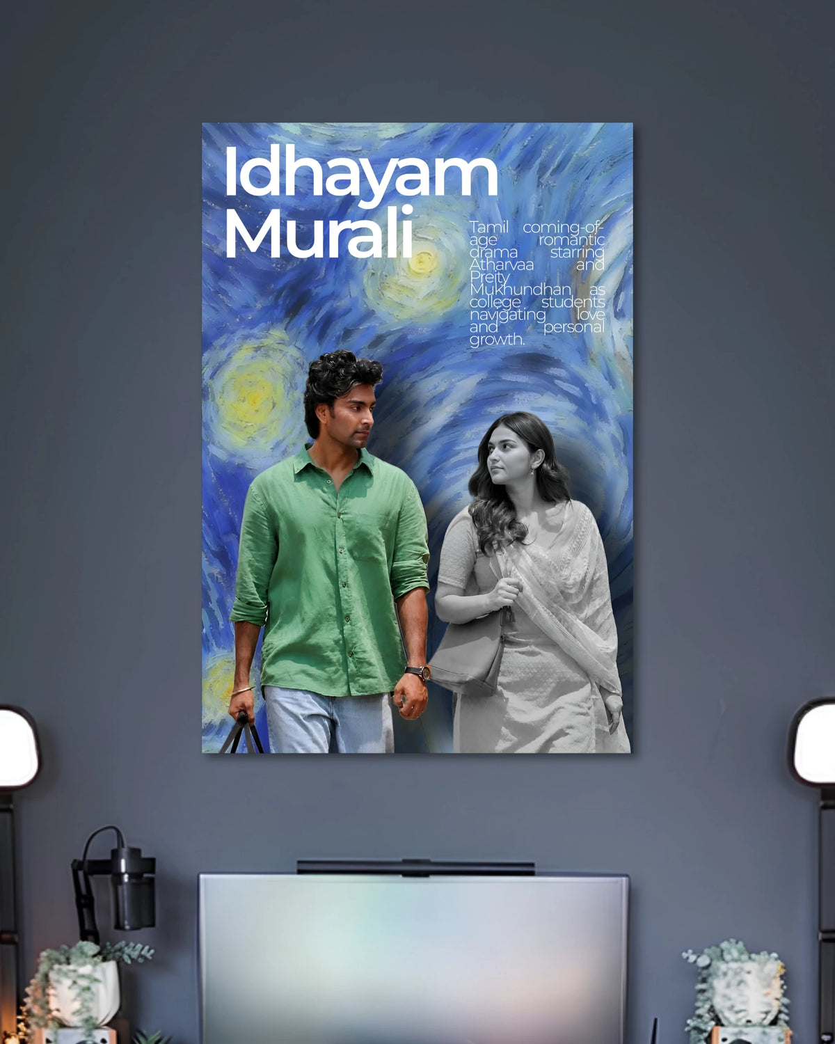 Idhayam Murali Couple Poster poster design: Bring a cinematic feel to your wall with this Idhayam Murali poster. The contrasting portraits of a young man in green and a woman in grayscale stand against a swirling blue backdrop inspired by expressive painted textures.