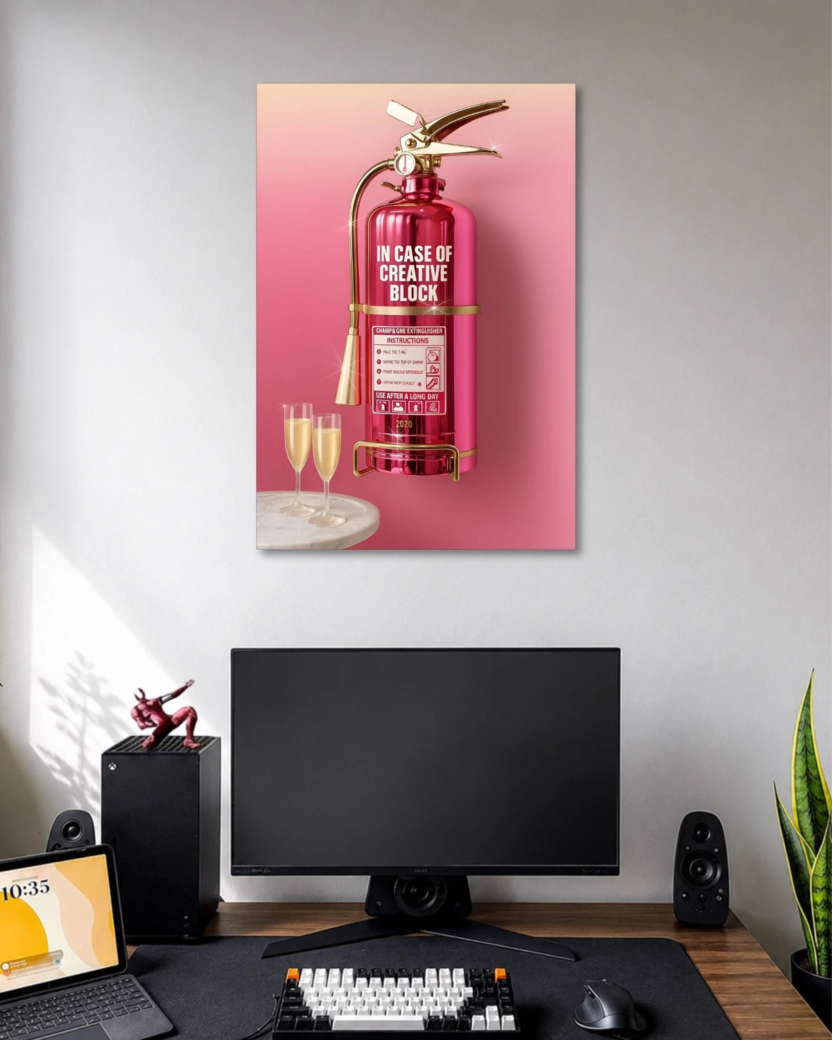 In Case of Creative Block Poster poster design: A glossy pink fire extinguisher gets a creative twist with the words “In Case of Creative Block.” Gold accents and a soft pink background give it a playful, polished look. Perfect for artists, designers, and creative workspaces.