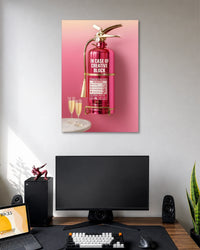 In Case of Creative Block Poster poster design: A glossy pink fire extinguisher gets a creative twist with the words “In Case of Creative Block.” Gold accents and a soft pink background give it a playful, polished look. Perfect for artists, designers, and creative workspaces.