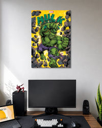 Comic illustration of the Hulk roaring and charging through shattered rocks on a bright yellow background.