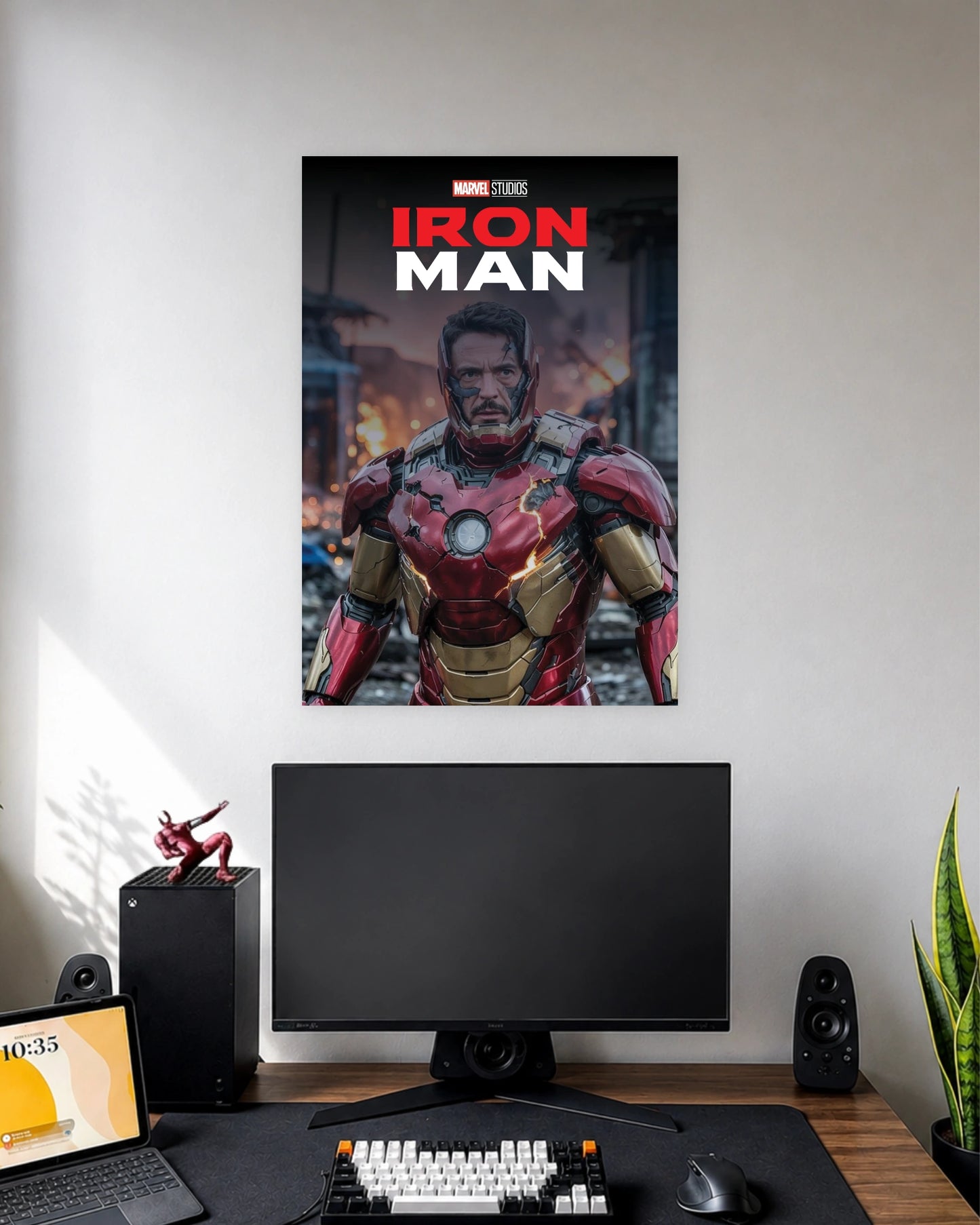Iron Man Battle Damaged Poster wall poster displayed in a modern minimalist workspace setup 1