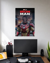 Iron Man Battle Damaged Poster wall poster displayed in a modern minimalist workspace setup 1