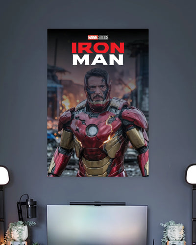Iron Man Battle Damaged Poster wall poster displayed in a contemporary interior setting 2