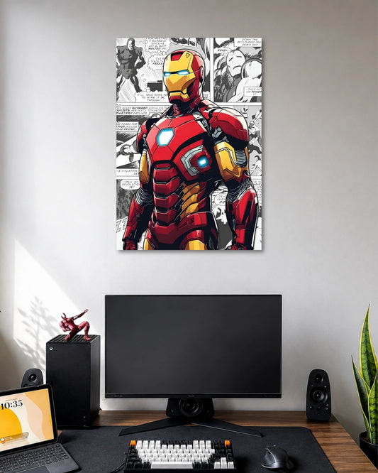 Illustration of Iron Man in red-and-gold armor with a glowing blue arc reactor over black-and-white comic panels.
