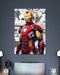 Illustration of Iron Man in red-and-gold armor with a glowing blue arc reactor over black-and-white comic panels.