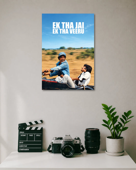 Ek Tha Jai Ek Tha Veeru Friendship Poster poster design: Two men share a cheerful ride through an open landscape beneath the words “Ek Tha Jai Ek Tha Veeru.” The sunny setting and friendship themed design evoke classic Bollywood nostalgia and memorable movie duos.