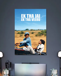 Ek Tha Jai Ek Tha Veeru Friendship Poster poster design: Two men share a cheerful ride through an open landscape beneath the words “Ek Tha Jai Ek Tha Veeru.” The sunny setting and friendship themed design evoke classic Bollywood nostalgia and memorable movie duos.