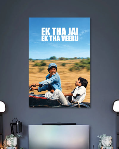 Ek Tha Jai Ek Tha Veeru Friendship Poster poster design: Two men share a cheerful ride through an open landscape beneath the words “Ek Tha Jai Ek Tha Veeru.” The sunny setting and friendship themed design evoke classic Bollywood nostalgia and memorable movie duos.