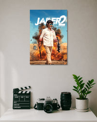 Jailer 2 Rajinikanth Action Movie Poster poster design: Rajinikanth strides through smoke, flames, and flying debris in this dramatic Jailer 2 poster. His white outfit, blue sunglasses, and bold movie title create an action packed design for fans of the superstar.