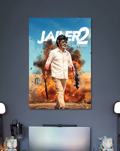 Jailer 2 Rajinikanth Action Movie Poster poster design: Rajinikanth strides through smoke, flames, and flying debris in this dramatic Jailer 2 poster. His white outfit, blue sunglasses, and bold movie title create an action packed design for fans of the superstar.