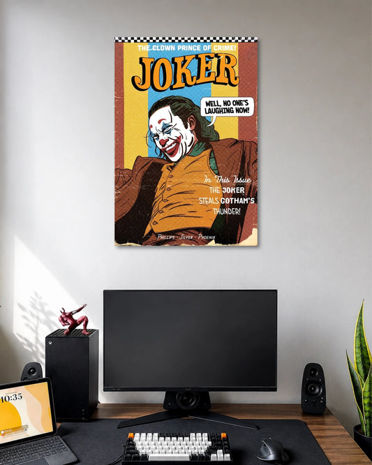 Vintage-style Joker comic cover with a white-painted clown face, mustard suit and large orange JOKER title.