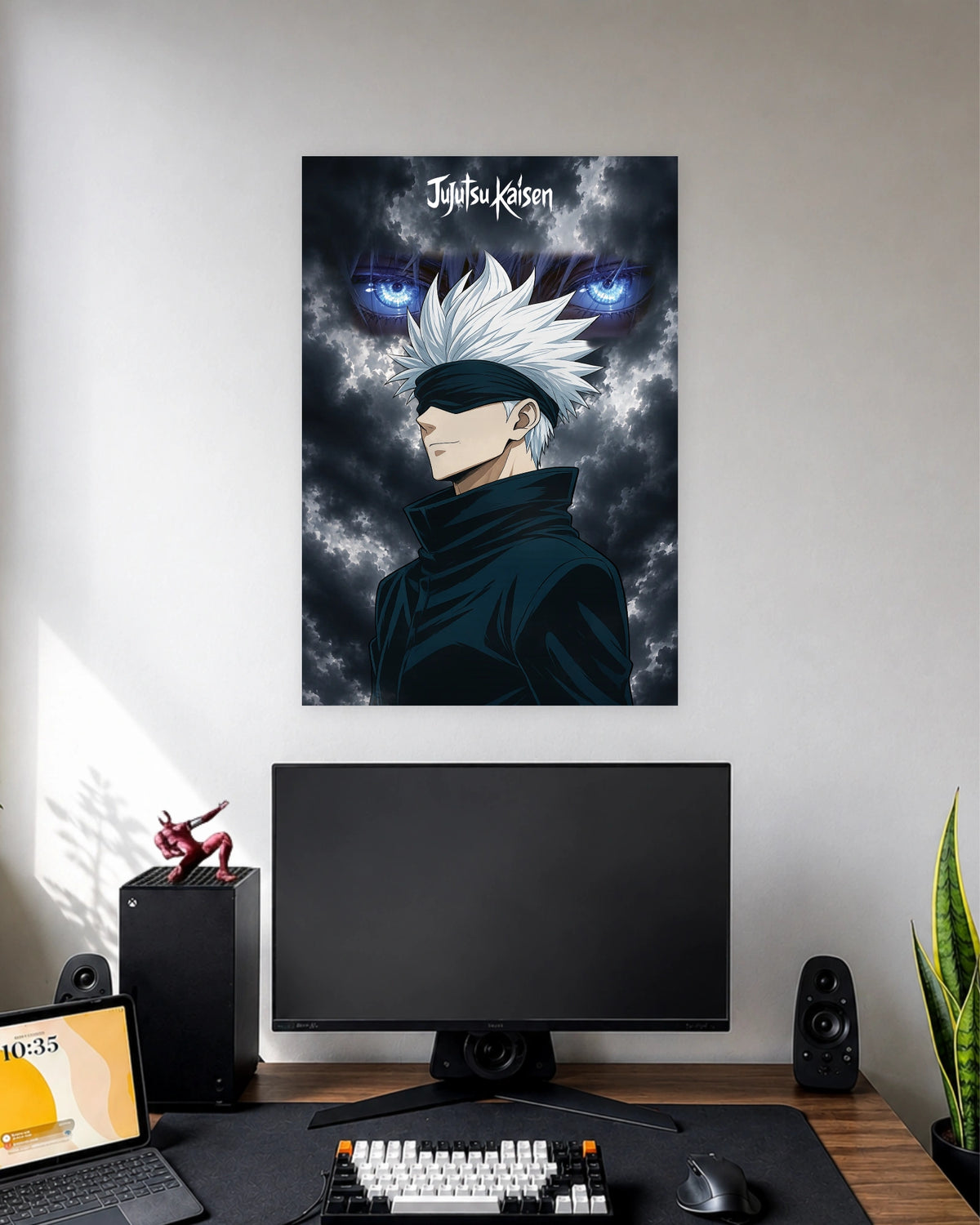 Satoru Gojo Jujutsu Kaisen Anime Poster wall poster displayed in a modern minimalist workspace setup 1