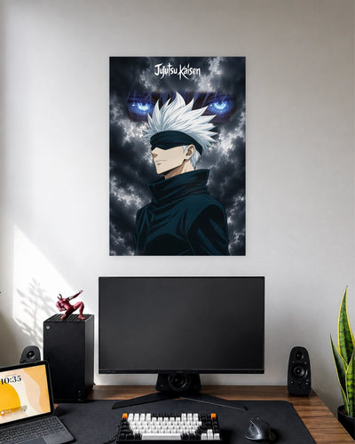 Satoru Gojo Jujutsu Kaisen Anime Poster wall poster displayed in a modern minimalist workspace setup 1