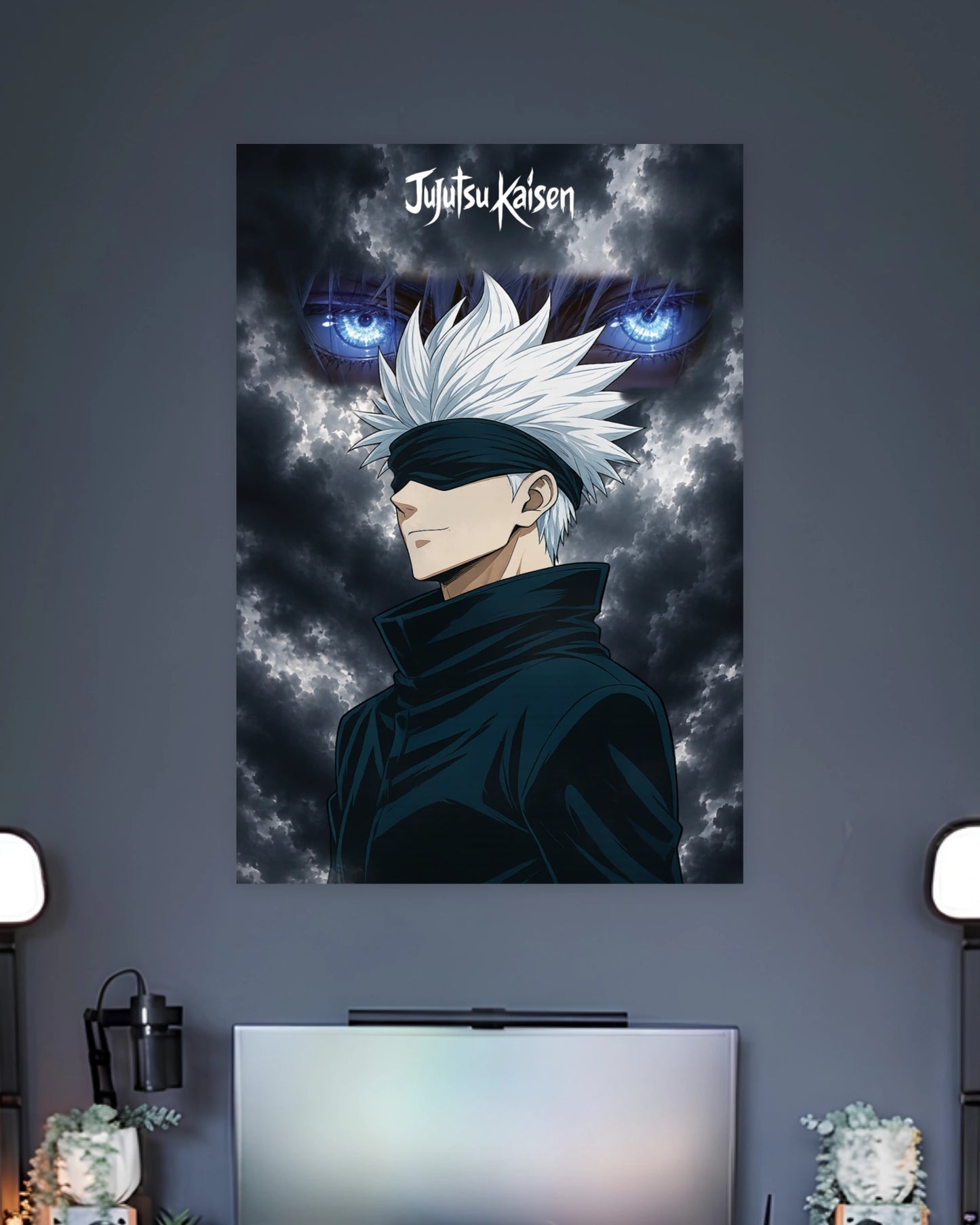 Satoru Gojo Jujutsu Kaisen Anime Poster wall poster displayed in a contemporary interior setting 2