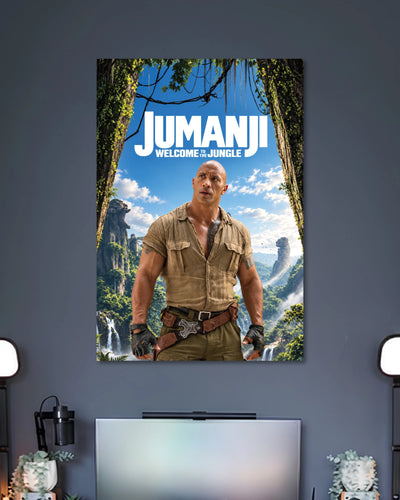 Jumanji Welcome to the Jungle Poster poster design: Bring the adventure of Jumanji to your walls with this poster featuring Dwayne Johnson in a rugged explorer outfit. The lush jungle, waterfalls and bright blue sky create an adventurous look for movie fans and entertainment spaces.
