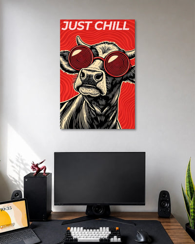 Just Chill Cow Graphic Poster poster design: A quirky cow wearing spiral sunglasses takes centre stage against a vibrant red background. The bold illustration and retro-inspired details create a playful look. Perfect for adding humour and personality to your gaming setup, bedroom, or workspace.