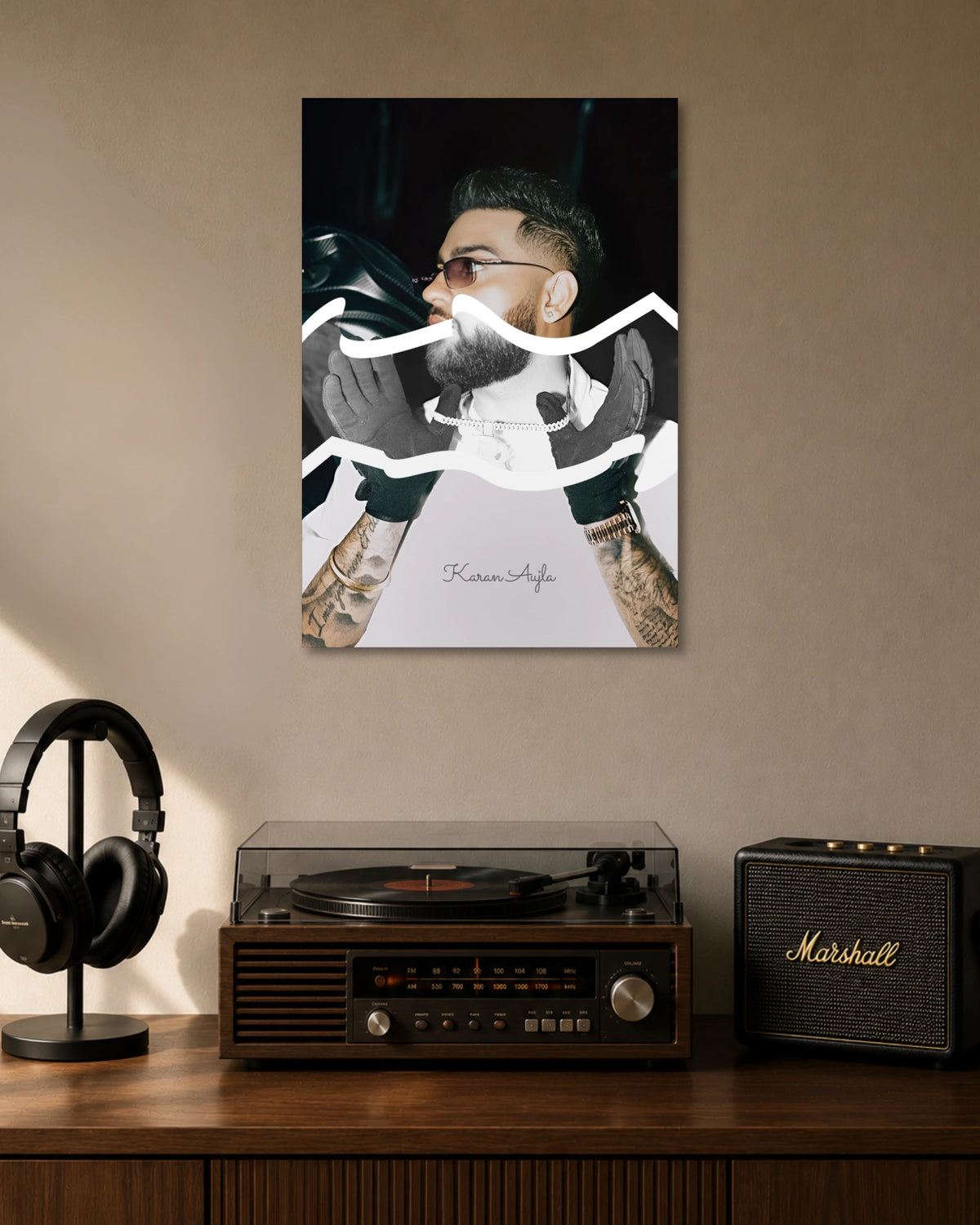Karan Aujla Black & White Poster artwork with bold detailed composition 1