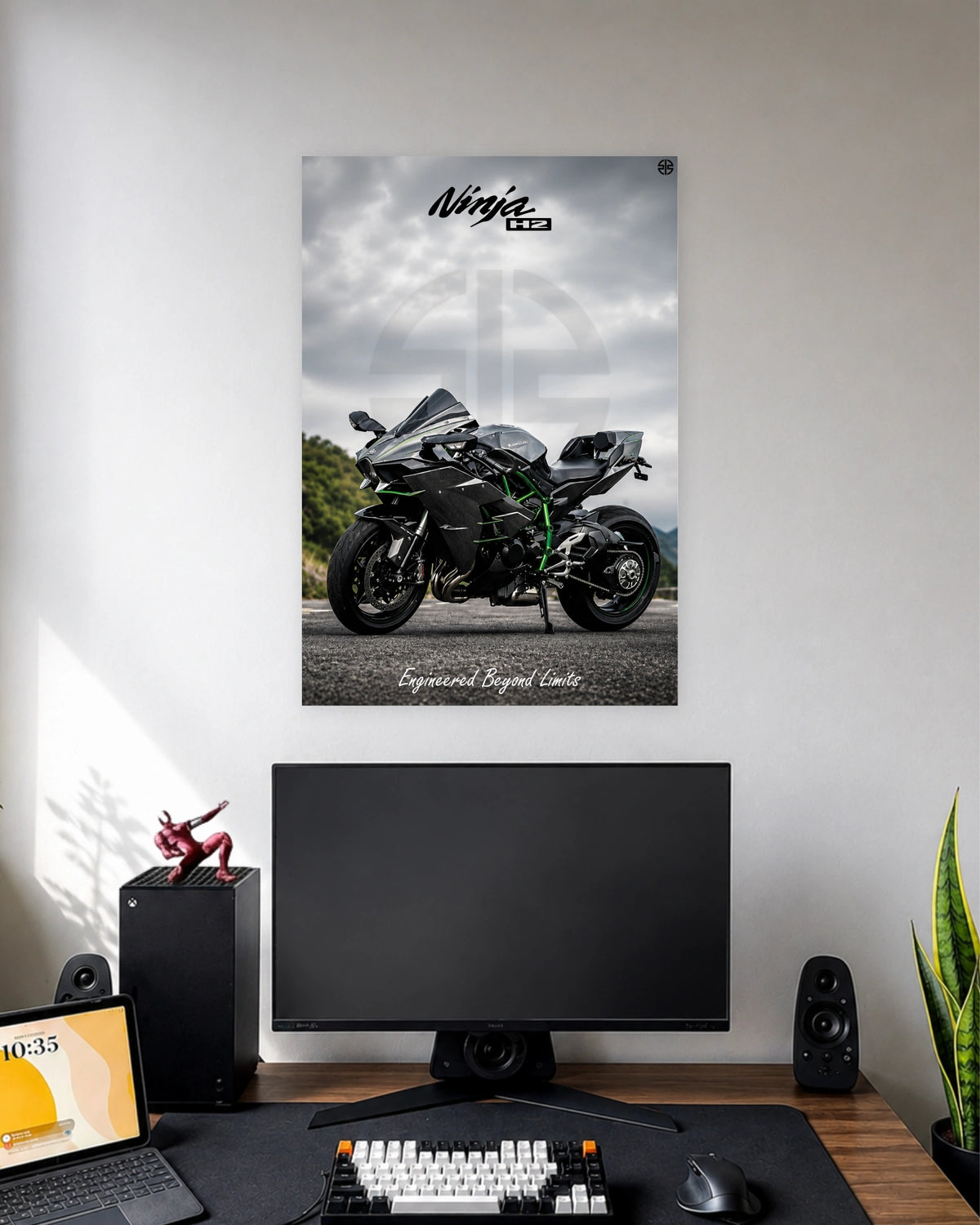 Kawasaki Ninja H2 Storm Edition Poster wall poster displayed in a modern minimalist workspace setup 1
