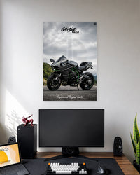 Kawasaki Ninja H2 Storm Edition Poster wall poster displayed in a modern minimalist workspace setup 1