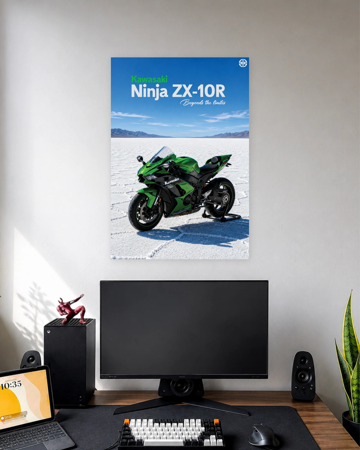 Kawasaki Ninja ZX-10R Salt Flats Poster wall poster displayed in a modern minimalist workspace setup 1