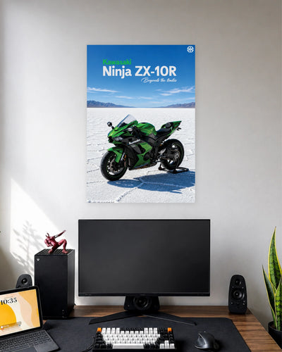 Kawasaki Ninja ZX-10R Salt Flats Poster wall poster displayed in a modern minimalist workspace setup 1
