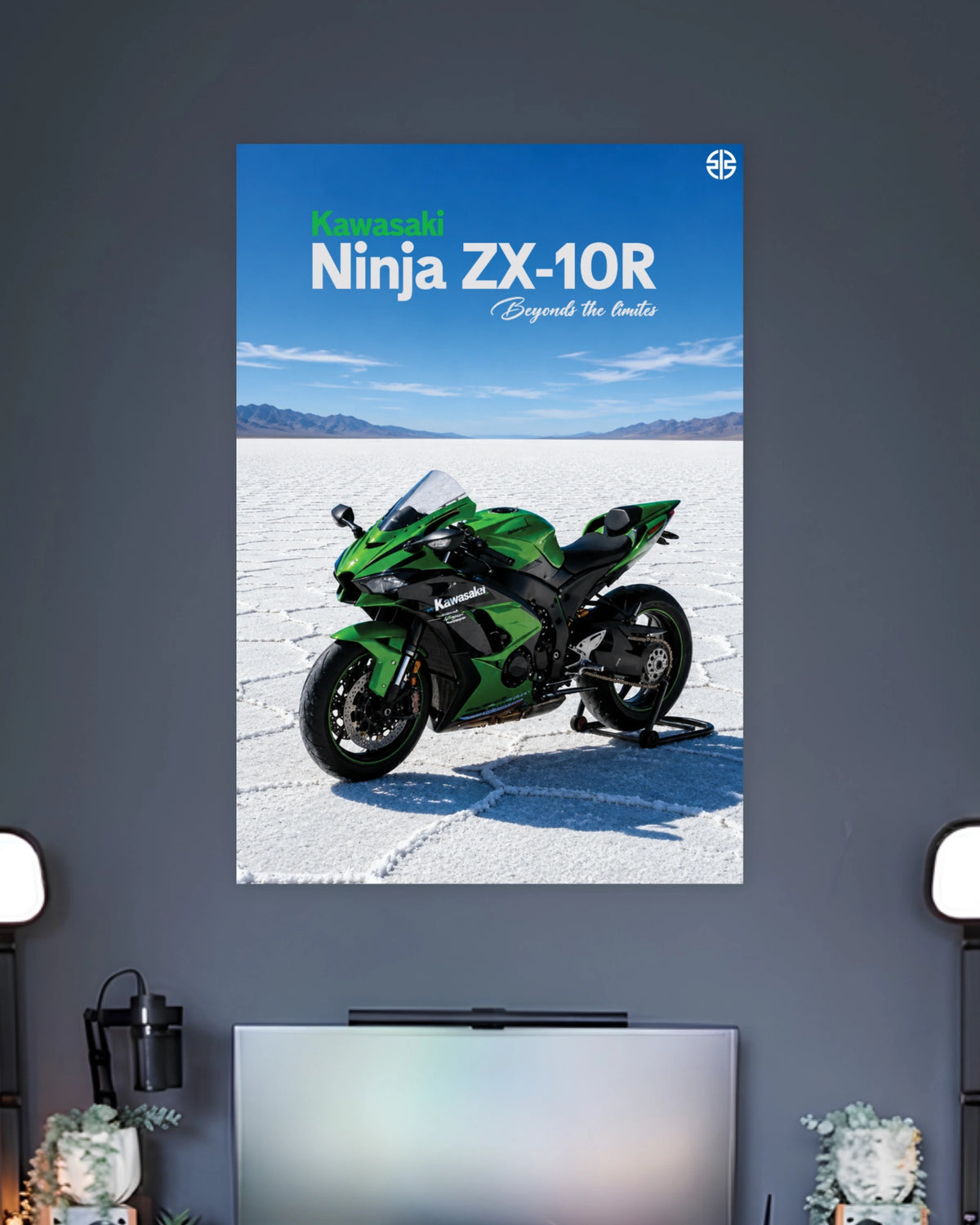 Kawasaki Ninja ZX-10R Salt Flats Poster wall poster displayed in a contemporary interior setting 2