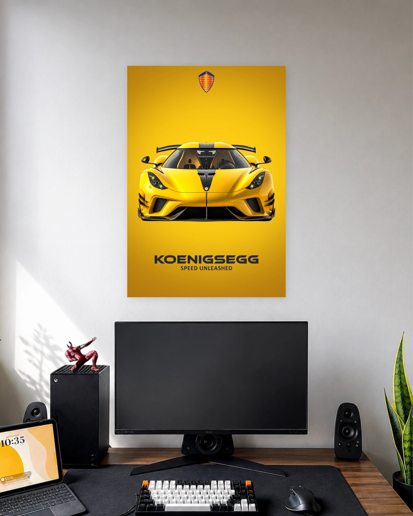 Koenigsegg Jesko Hypercar Poster wall poster displayed in a modern minimalist workspace setup 1