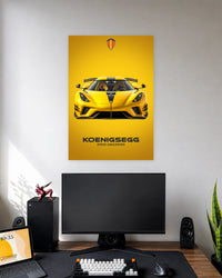 Koenigsegg Jesko Hypercar Poster wall poster displayed in a modern minimalist workspace setup 1