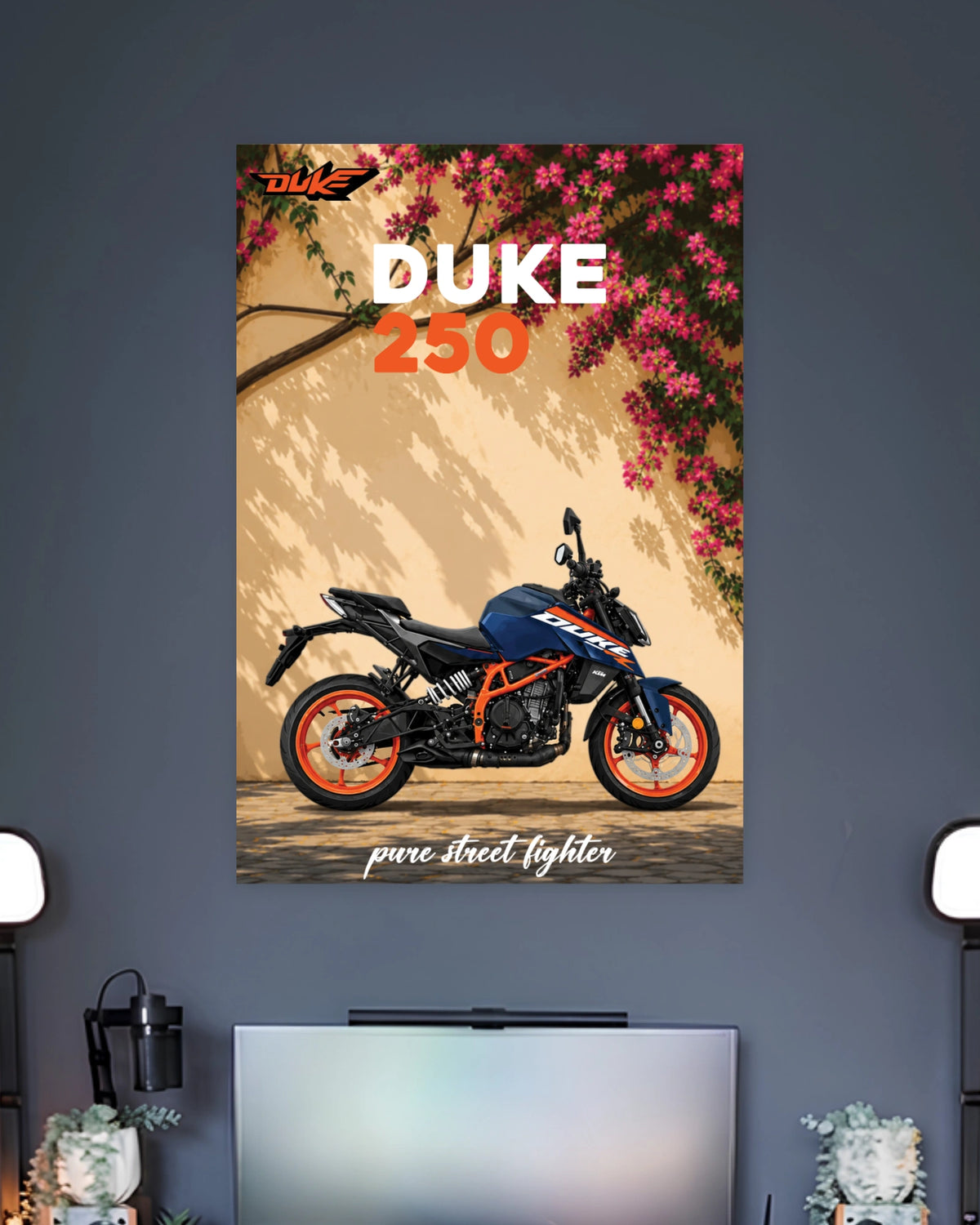 KTM Duke 250 Streetfighter Poster wall poster displayed in a contemporary interior setting 2