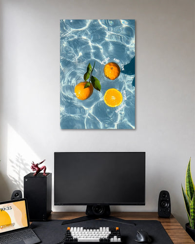Laugh Live Never Forget Orange Poster poster design: Bright oranges float across rippling blue water, creating a refreshing summer-inspired design with curved white typography.