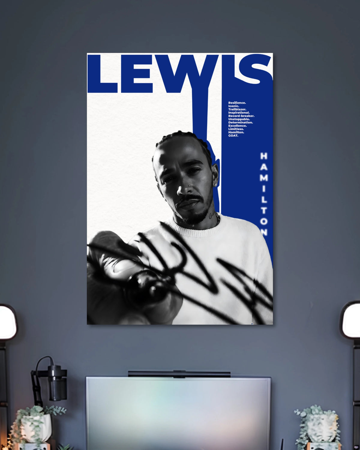 Alternative artwork featuring Lewis Hamilton Blue Monochrome Portrait Poster