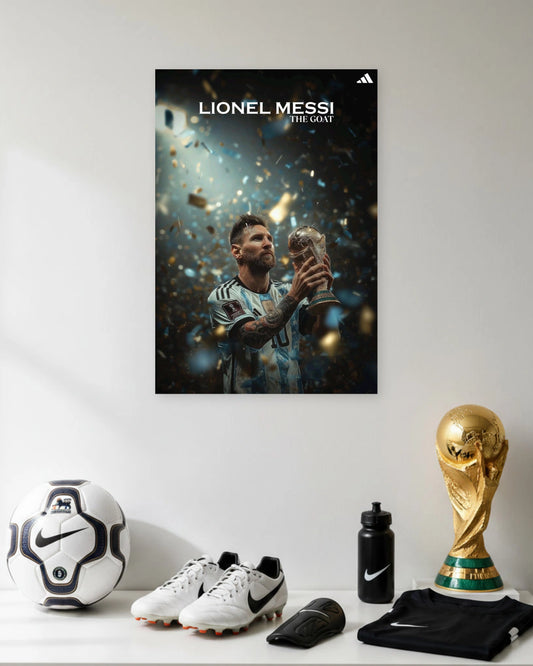 Lionel Messi GOAT World Cup Glory poster featuring premium artwork design 1