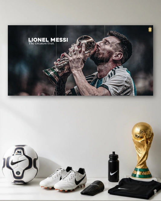 Three-panel Messi Greatest Ever 3 Piece Split Poster Set artwork featuring premium detailed design 1
