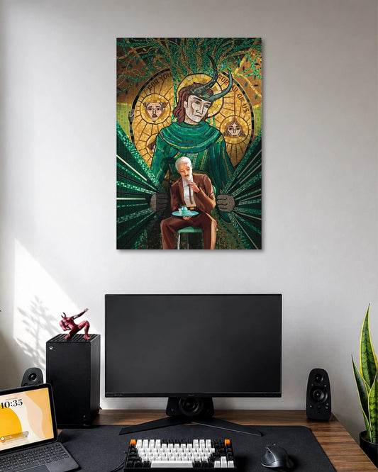 Green-and-gold collage showing a horned Loki figure, decorative circles and a smaller seated man in a brown suit.