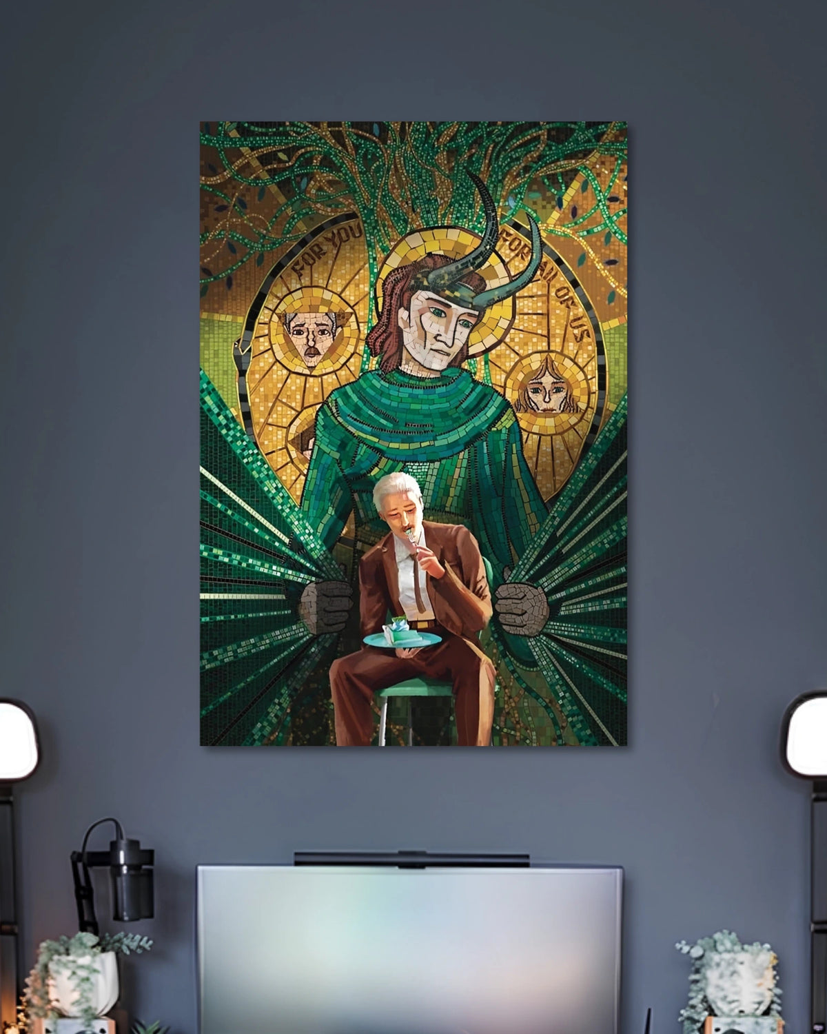 Green-and-gold collage showing a horned Loki figure, decorative circles and a smaller seated man in a brown suit.